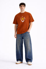 Mens Rust Orange Spiritual Symbols Sunflower Graphic Downshoulder T-shirt
