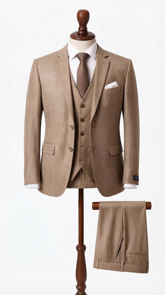 Mens Beige Textured 3 Pc Suit