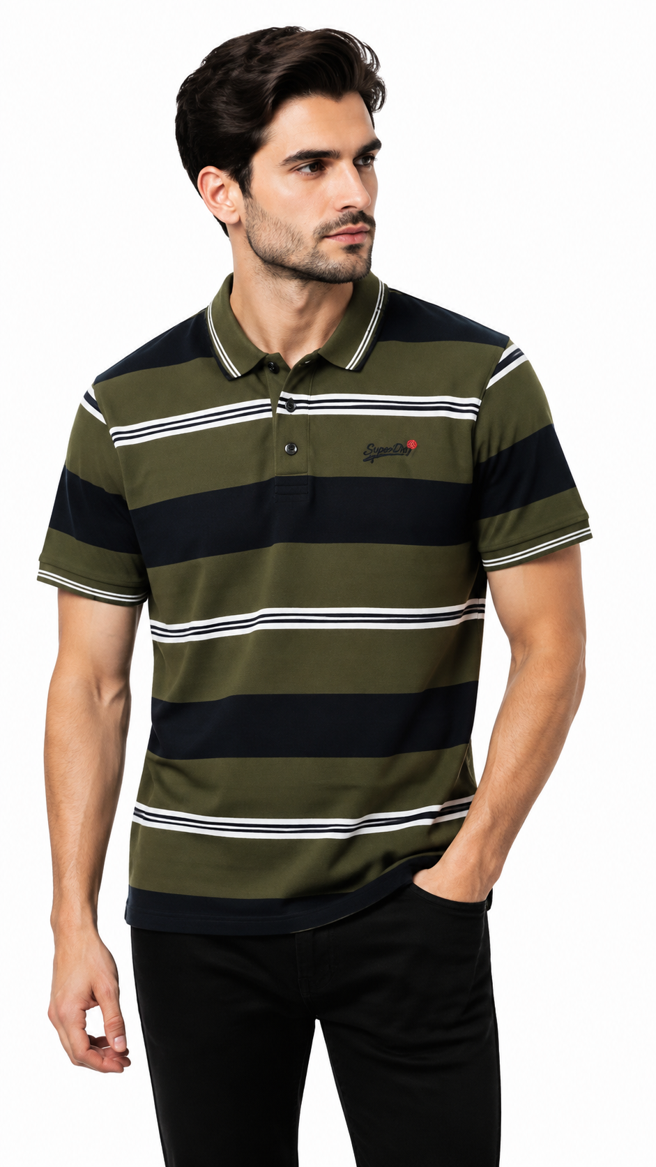Mens Olive Green & Black Horizontal Striped Polo Shirt