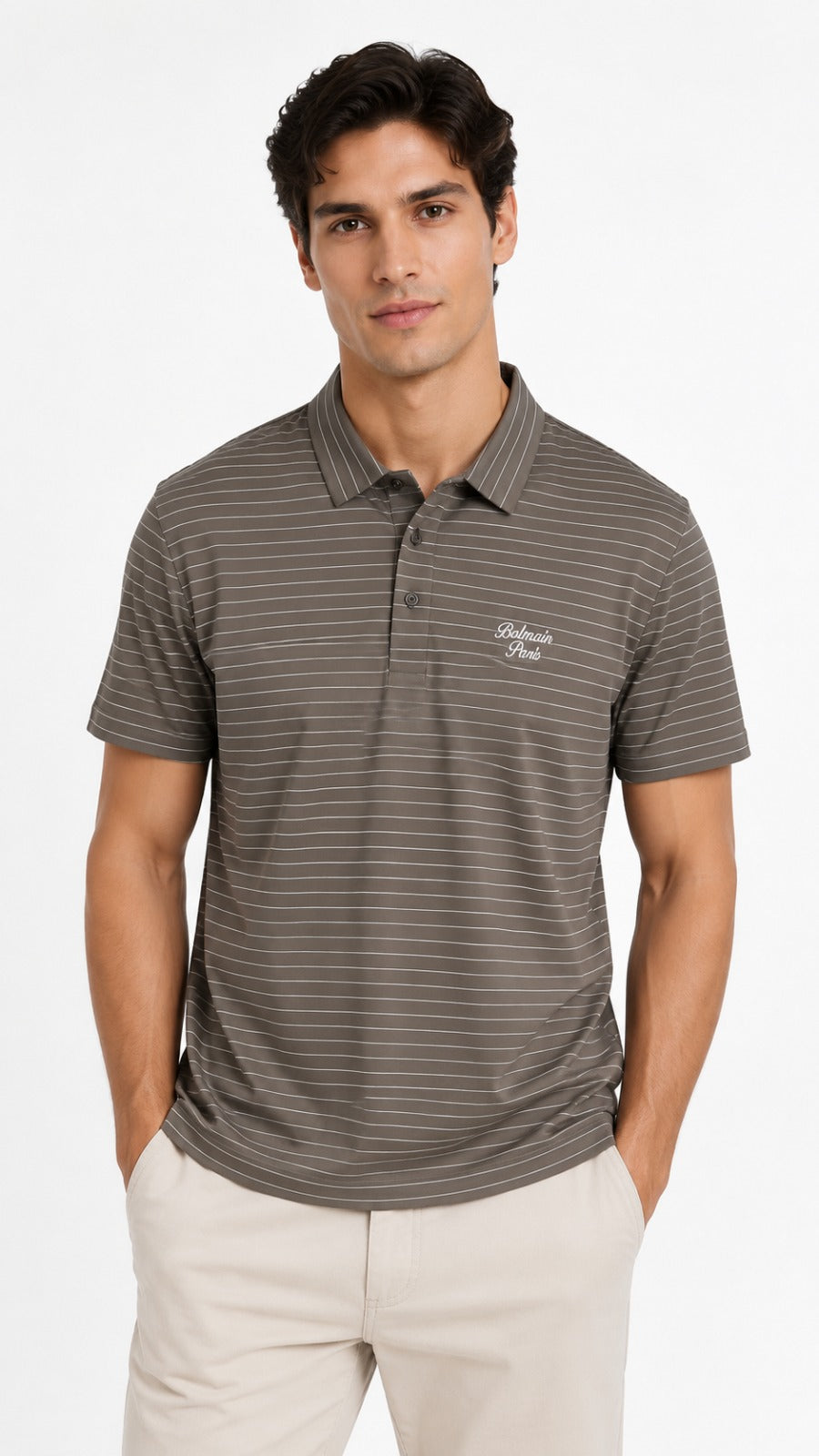 Men’s Mocha Brown Pinstripe Balmain Paris Logo Polo Shirt