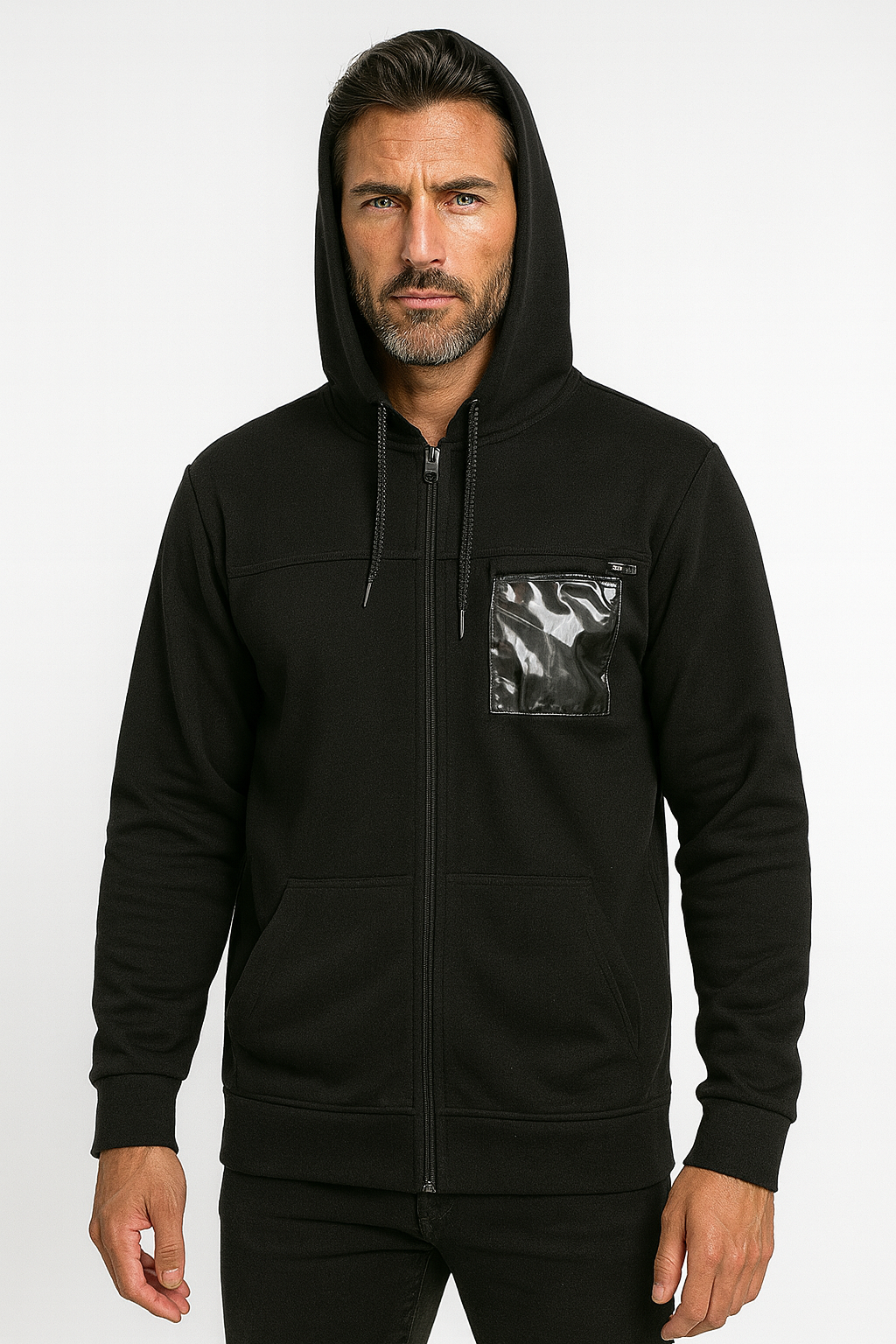 Basic black hood with printed pocket
