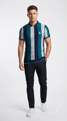 Men's Teal, Navy & Light Grey Vertical Striped Polo Shirt