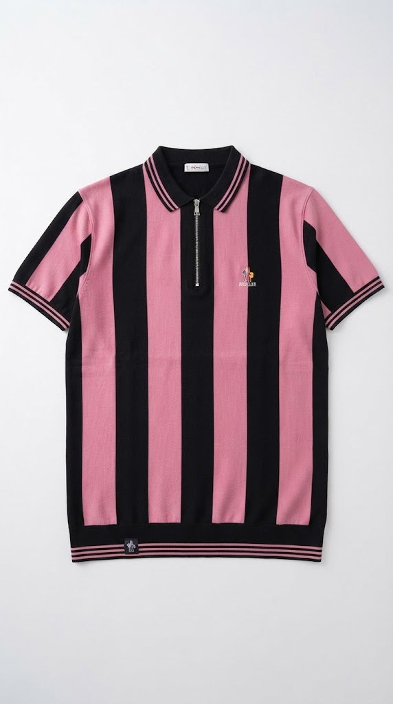 Men's Pink & Black Vertical Striped Polo Shirt
