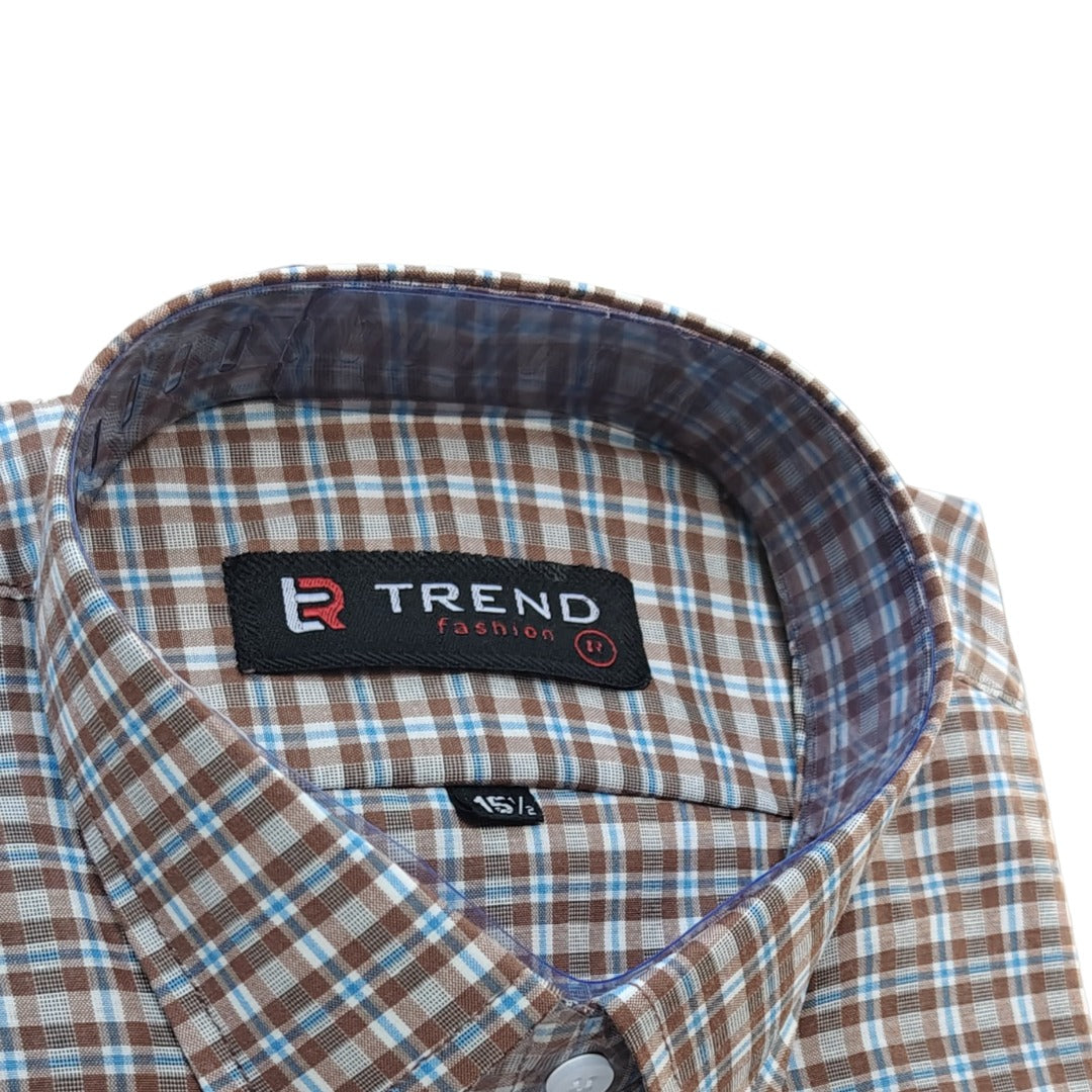 Men's light brown and blue checkered formal shirt