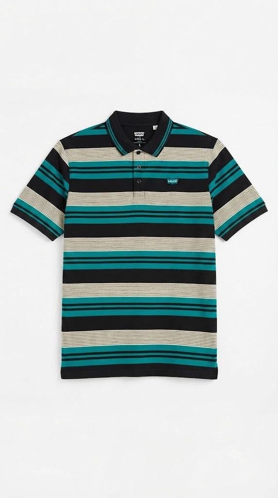 Mens Green & Black Horizontal Striped Polo Shirt