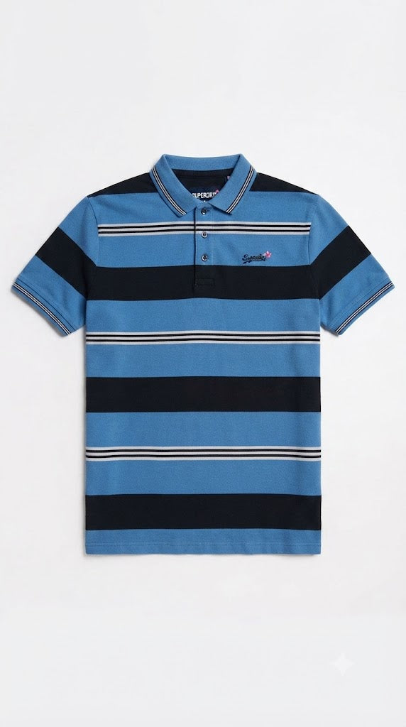Men's Sky Blue & Navy Horizontal Striped Polo Shirt