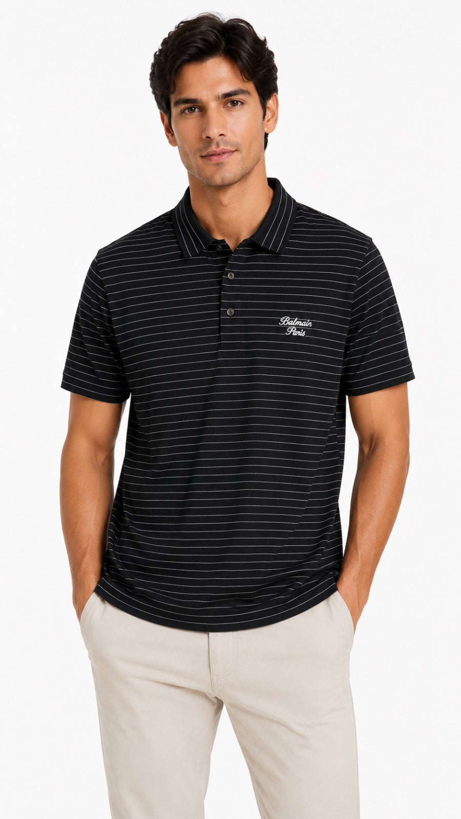 Men’s Black Horizontal Pinstripe Balmain Paris Logo Polo Shirt