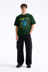 Mens Forest Green Freedom Statue Graphic Print Downshoulder T-shirt