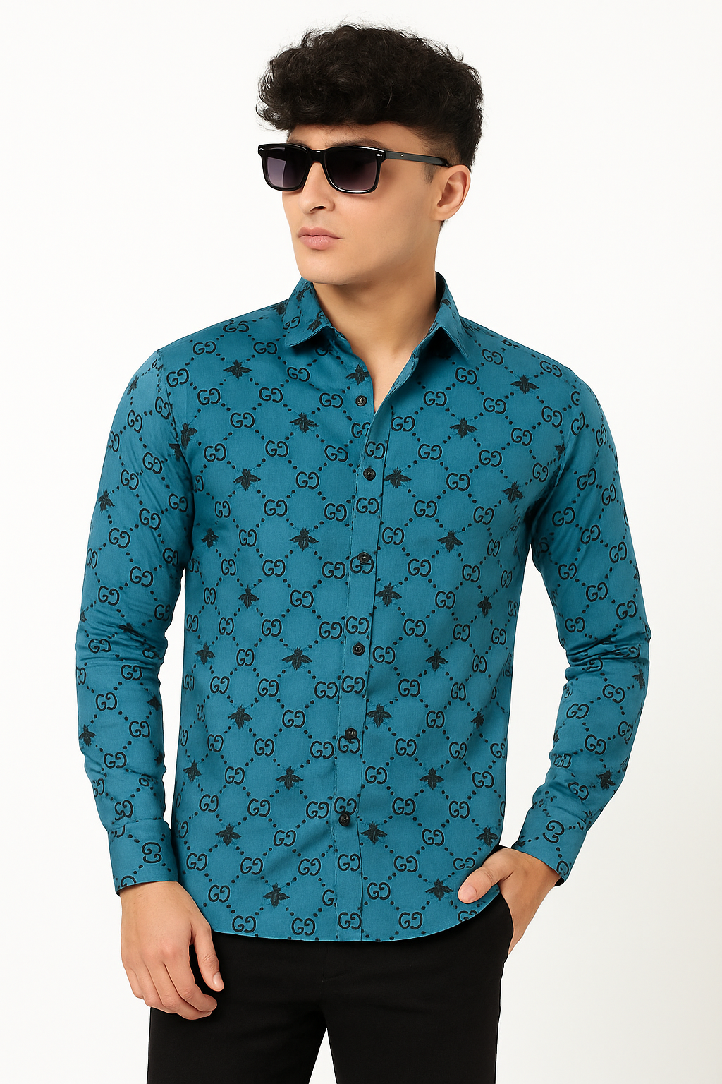 Men's blue Gucci emboss casual shirt