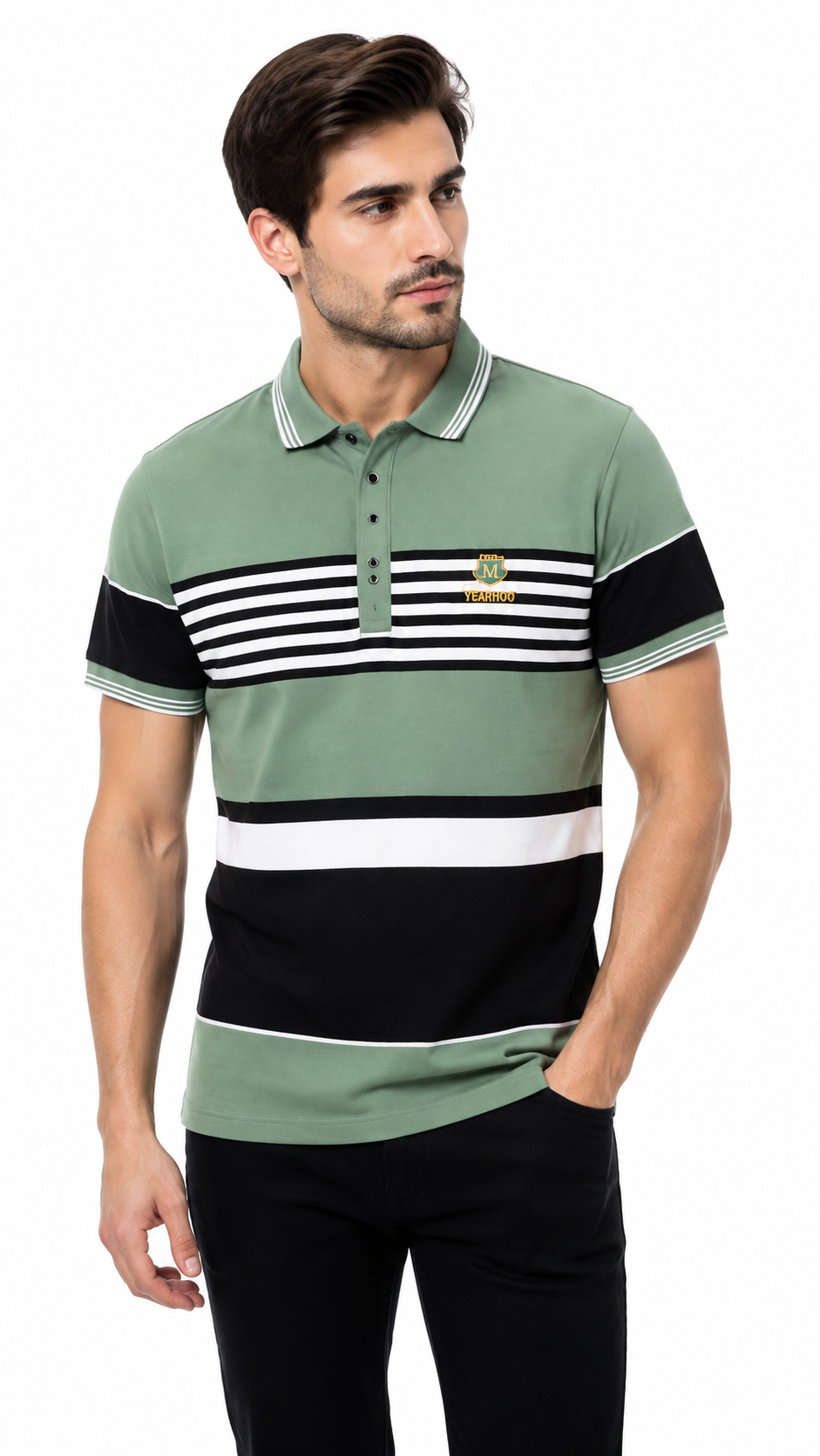 Mens Sage Green Color Block Striped Polo Shirt