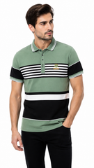 Mens Sage Green Color Block Striped Polo Shirt