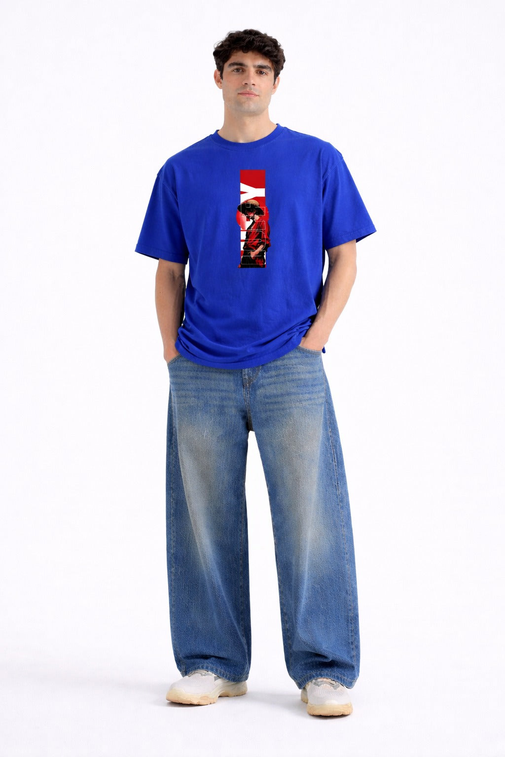 Mens Royal Blue Abstract Vertical Graphic Print Downshoulder T-shirt