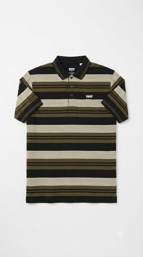 Mens Olive Green Horizontal Striped Polo Shirt