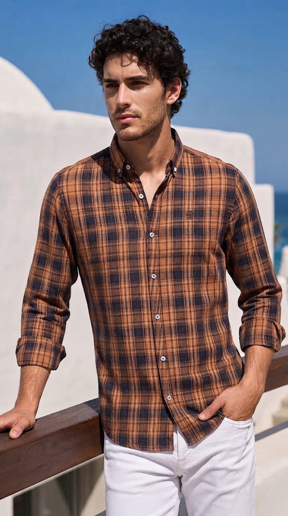 Mens Brown Check Imported Casual Shirt