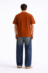 Mens Rust Orange Minimal Abstract Logo Print Downshoulder T-shirt
