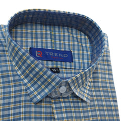 Men's sky blue and mustard checkered formal shirt