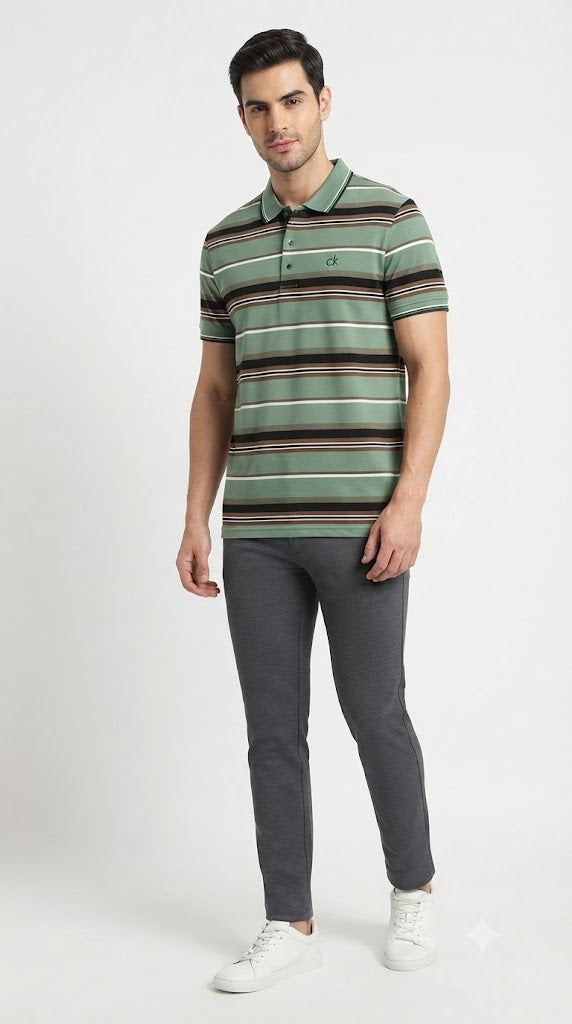 Men's Sage Green, Brown & Black Horizontal Striped Polo Shirt