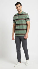 Men's Sage Green, Brown & Black Horizontal Striped Polo Shirt