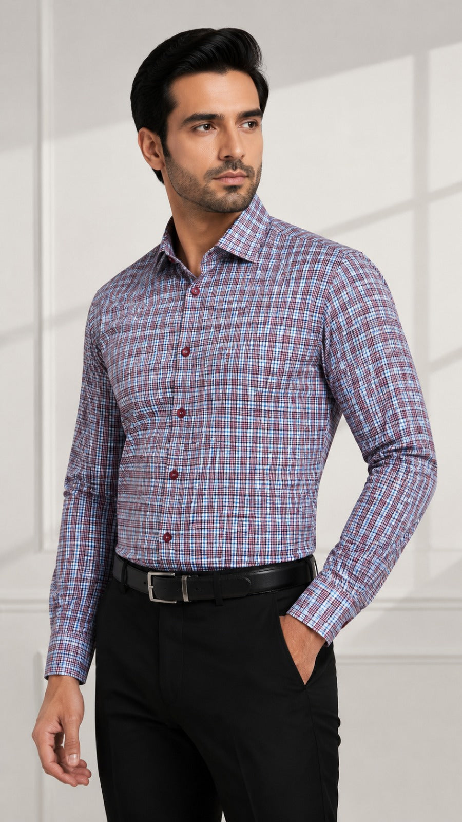 Men’s White Blue Maroon Check Formal Shirt
