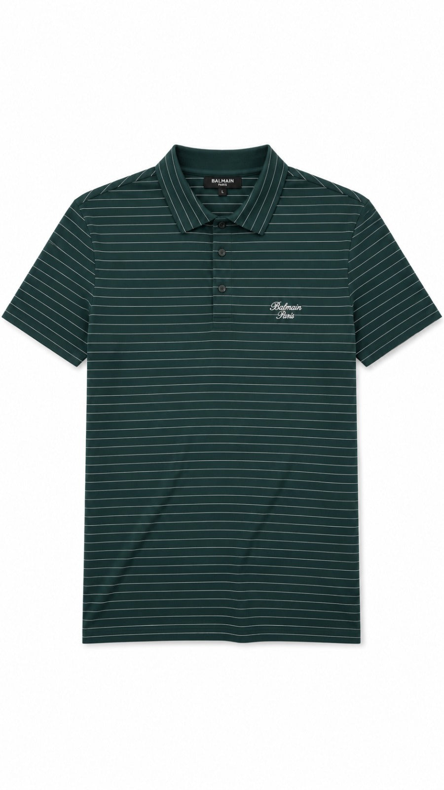 Men’s Forest Green Horizontal Pinstripe Balmain Paris Logo Polo Shirt