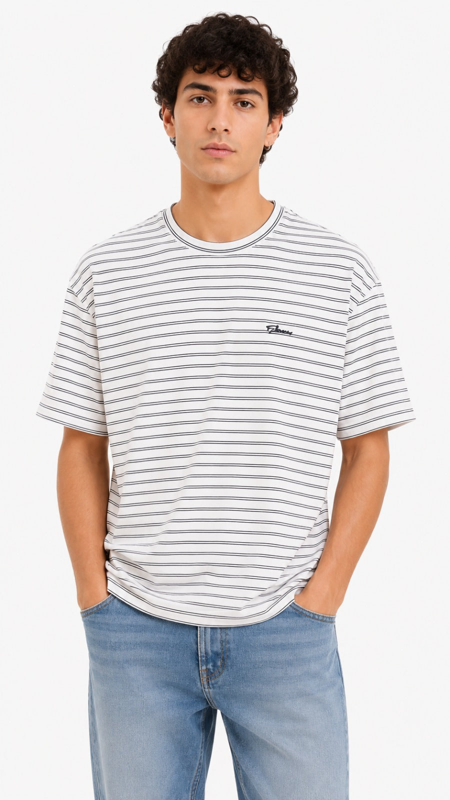 Men’s White Double Horizontal Pinstripe Dior Logo T-Shirt