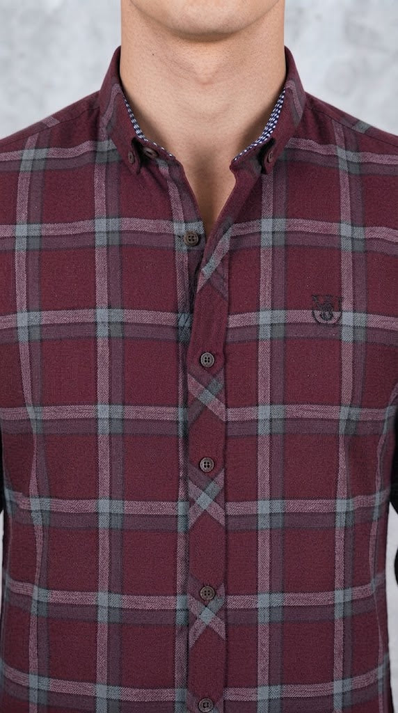 Mens Maroon Grey Check Imported Casual Shirt