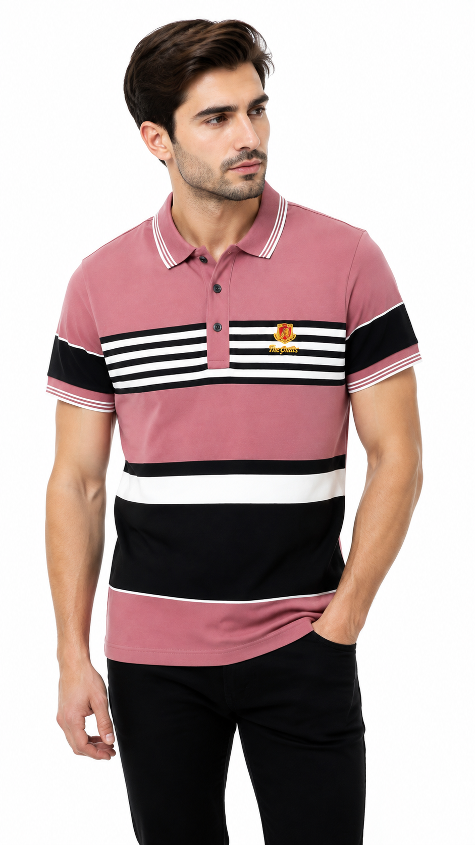 Mens Dusty Pink Striped Color Block Polo Shirt