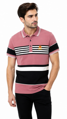 Mens Dusty Pink Striped Color Block Polo Shirt
