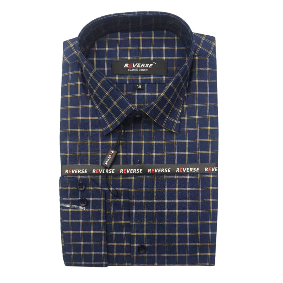 Men's navy and yellow checkered formal shirt