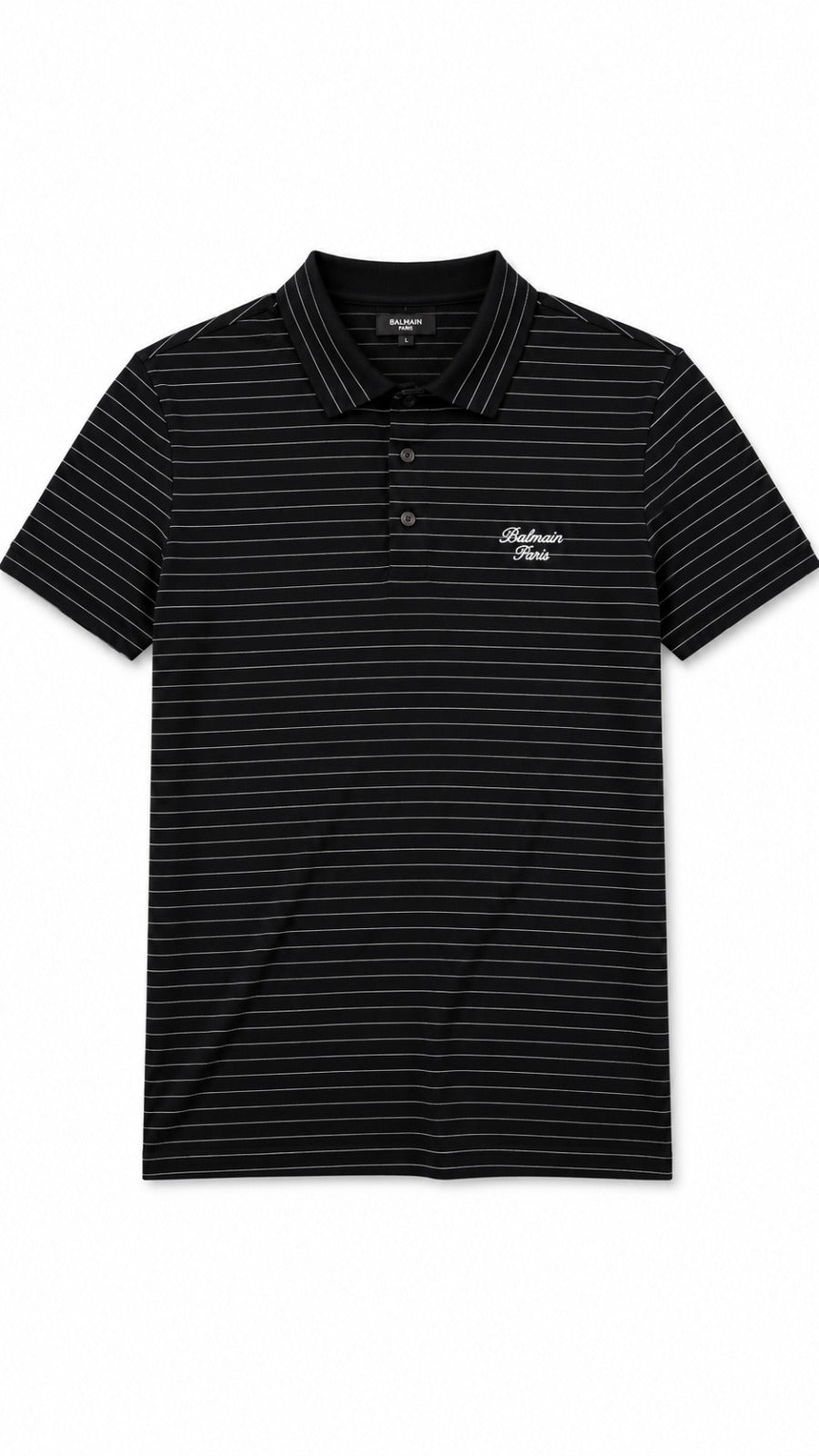 Men’s Black Horizontal Pinstripe Balmain Paris Logo Polo Shirt