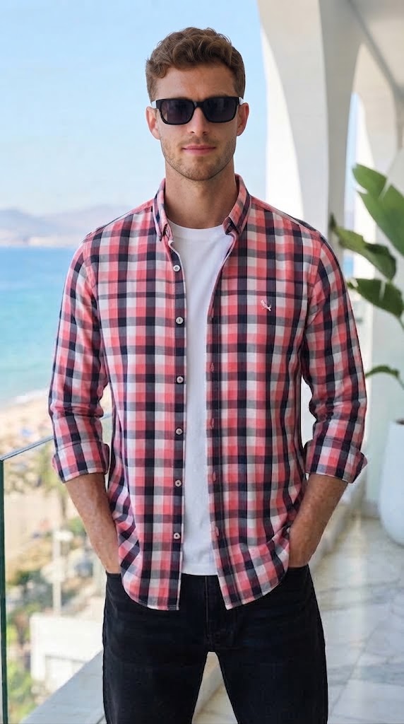 Mens Pink White Black Check Imported Casual Shirt