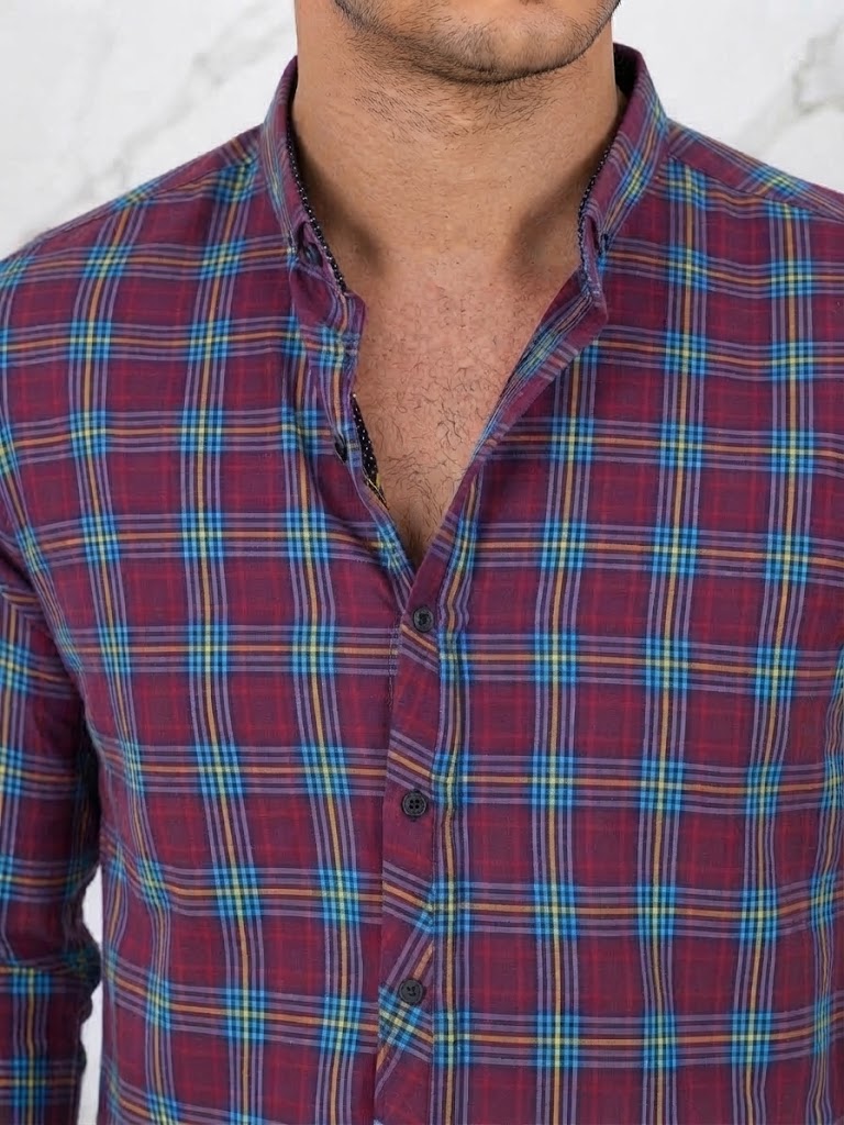Mens Maroon Blue Yellow Check Imported Casual Shirt