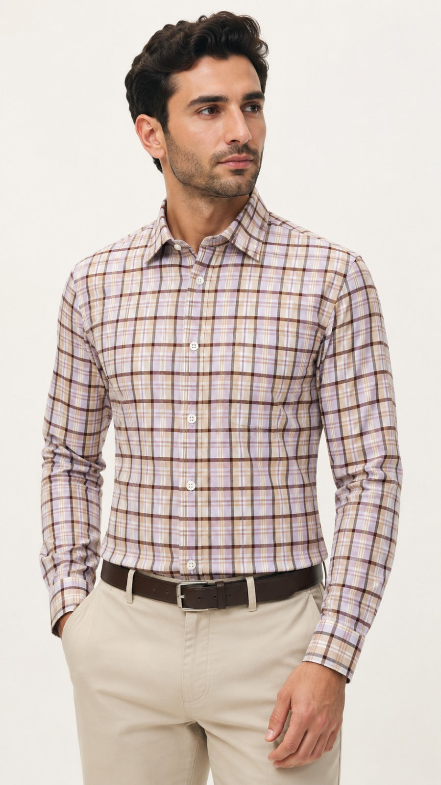 Men’s Beige Brown Check Formal Shirt