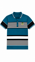 Mens Teal Striped Color Block Polo Shirt