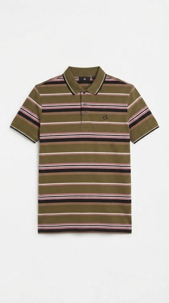 Men's Olive Green, Pink & Black Horizontal Striped Polo Shirt