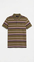 Men's Olive Green, Pink & Black Horizontal Striped Polo Shirt