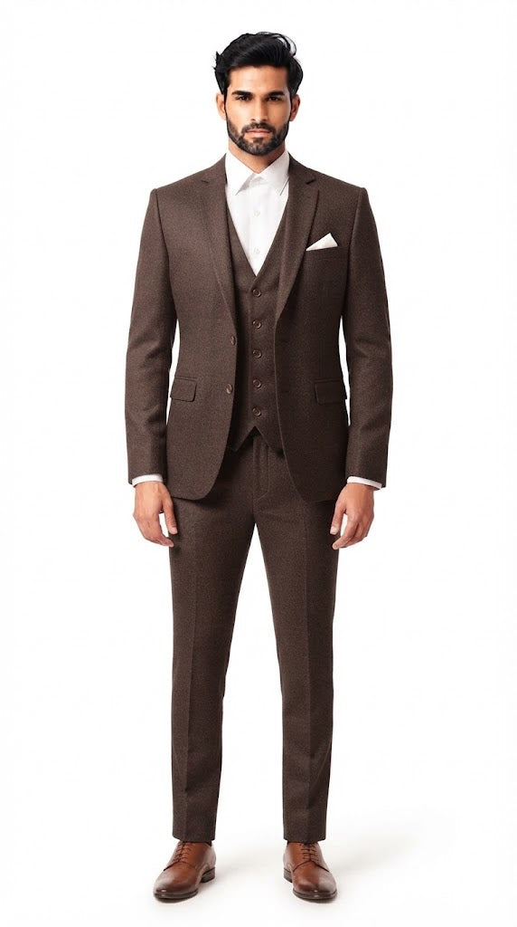 Mens Dark Brown Textured 3 Pc Suit
