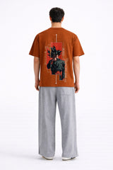 Mens Rust Orange Minimal Vertical Icon Print Downshoulder T-shirt