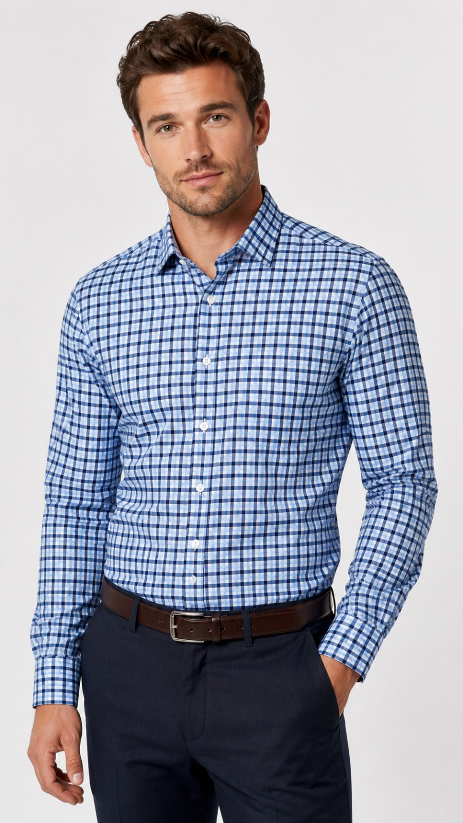 Men’s Blue & White Check Pattern Formal Shirt