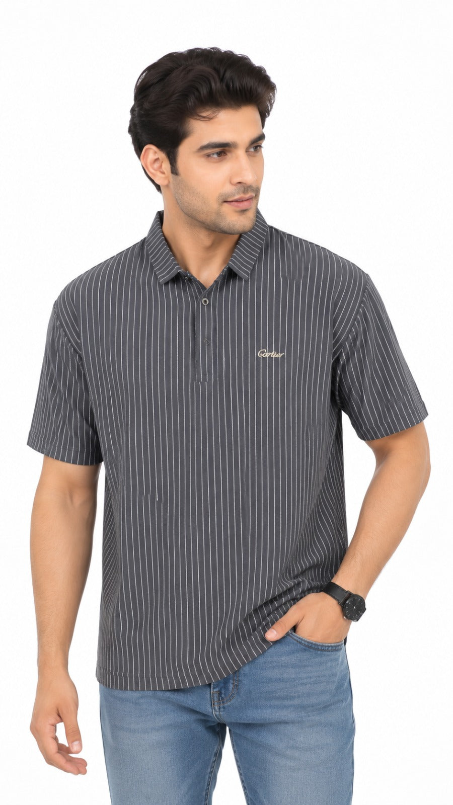 Men’s Charcoal Grey Vertical Pinstripe Polo Shirt