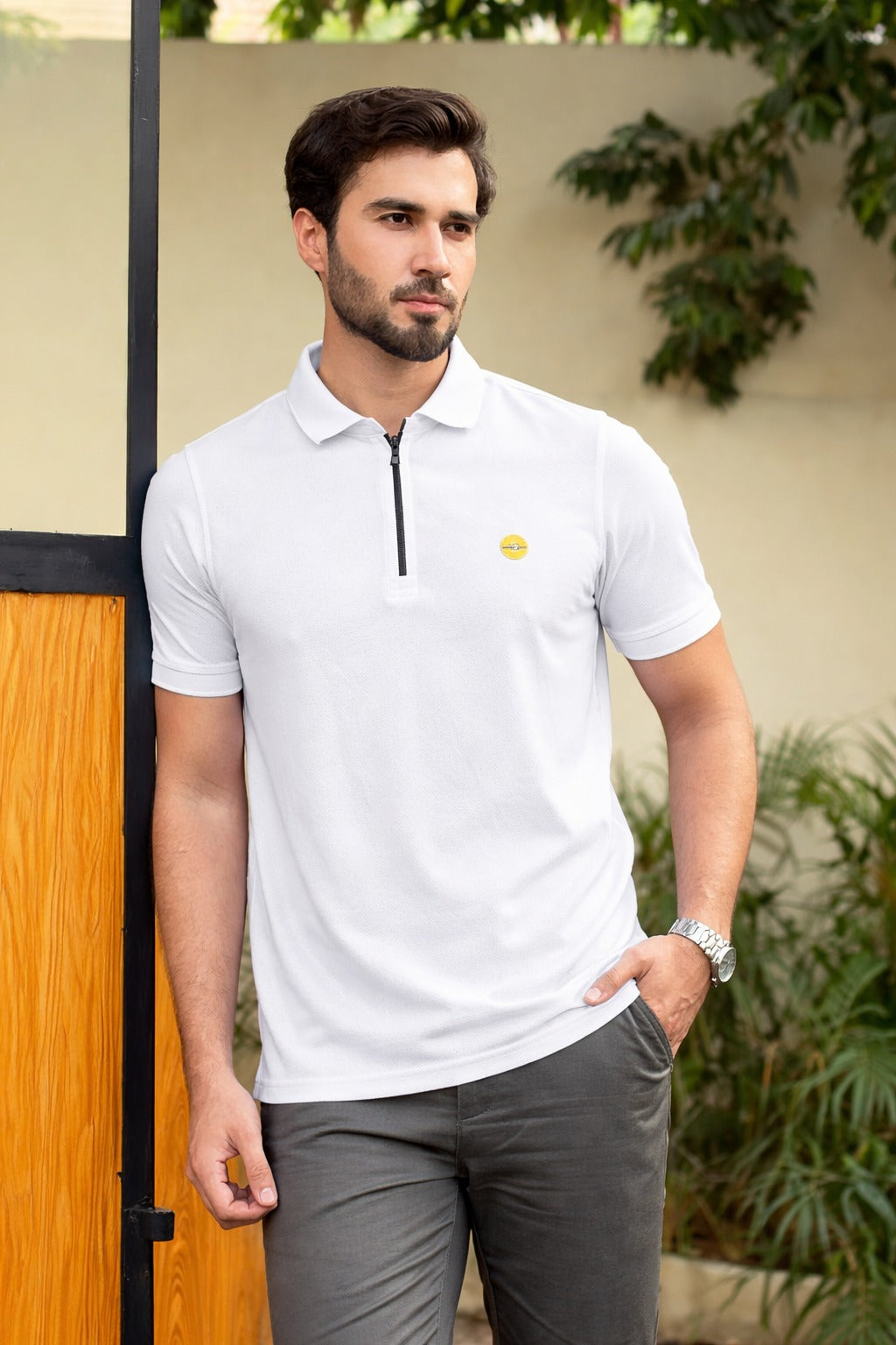 Men’s White Textured Zip Polo Shirt (Last Chance)