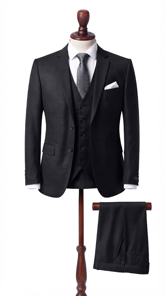 Mens jet Black Plain 3 Pc Suit
