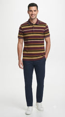 Men's Maroon, Mustard Yellow & Black Horizontal Striped Polo Shirt