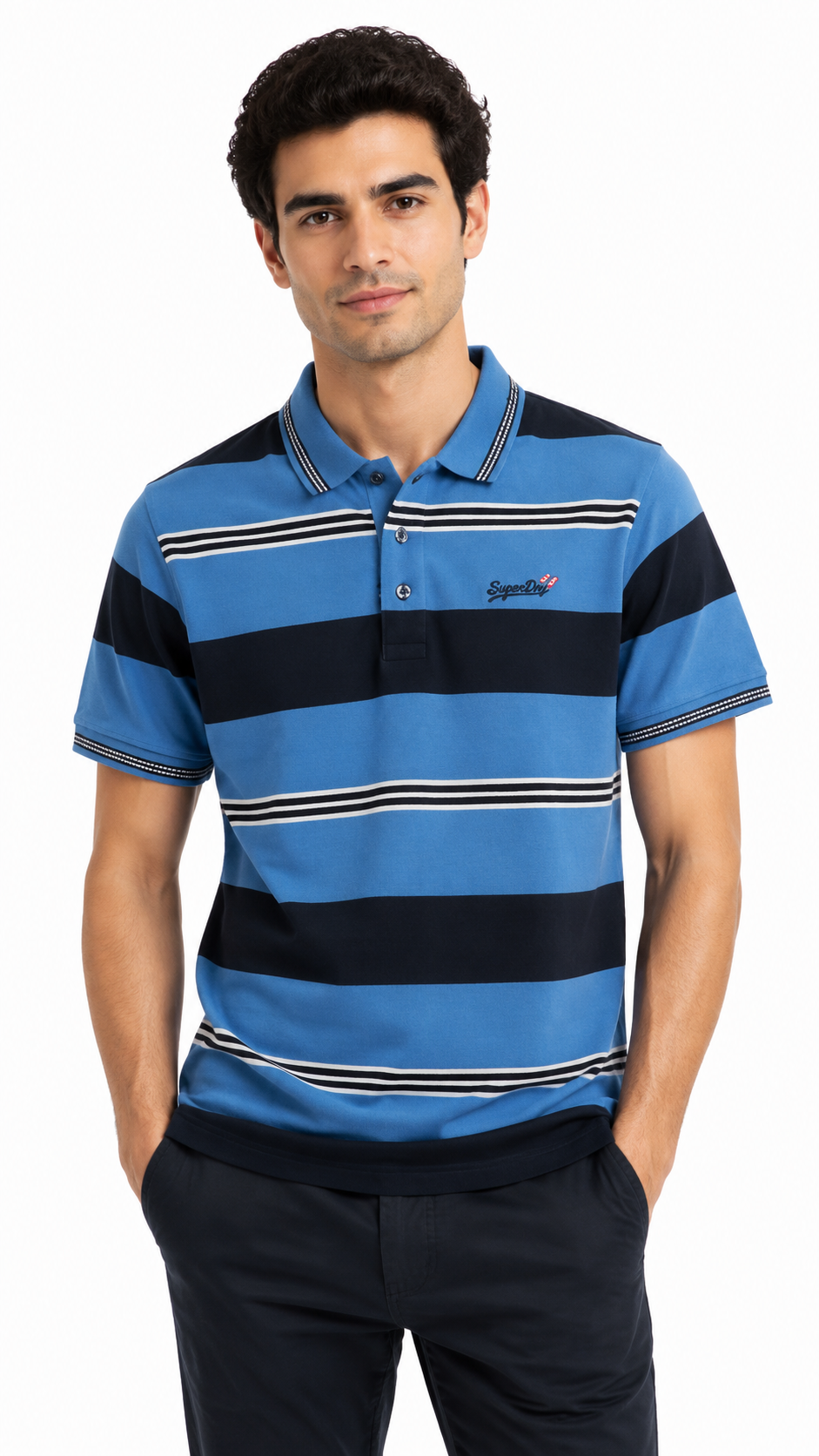 Men's Sky Blue & Navy Horizontal Striped Polo Shirt