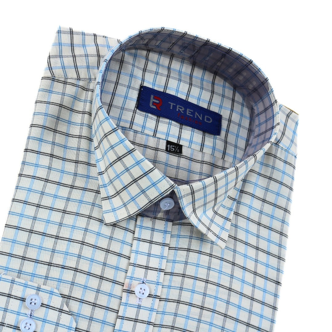 Men’s white and sky blue checkered formal shirt