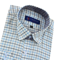 Men’s white and sky blue checkered formal shirt