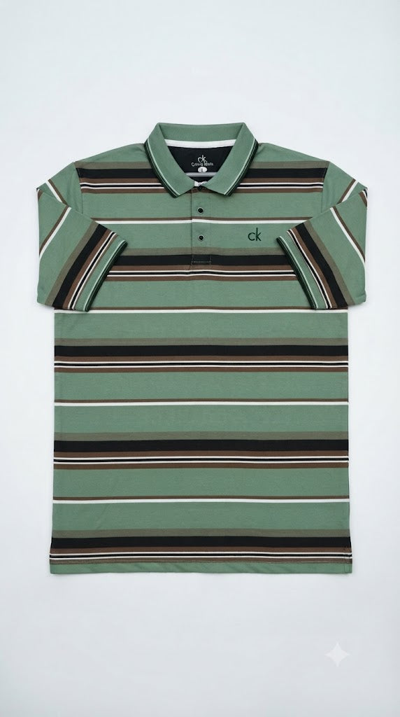 Men's Sage Green, Brown & Black Horizontal Striped Polo Shirt