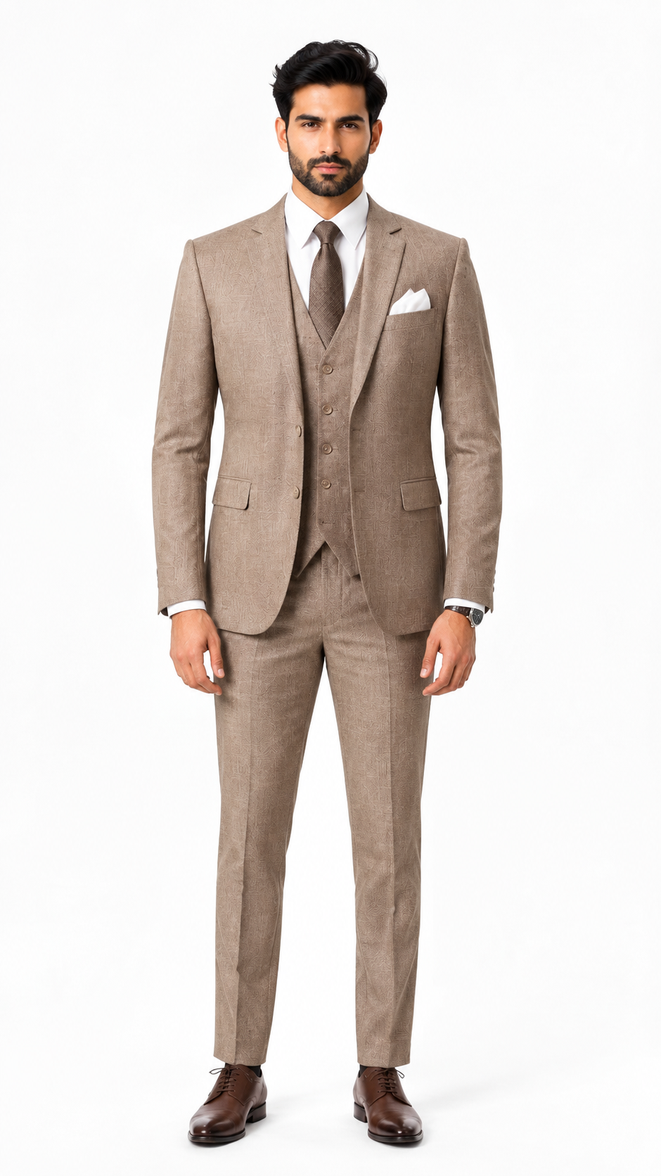 Mens Beige Textured 3 Pc Suit