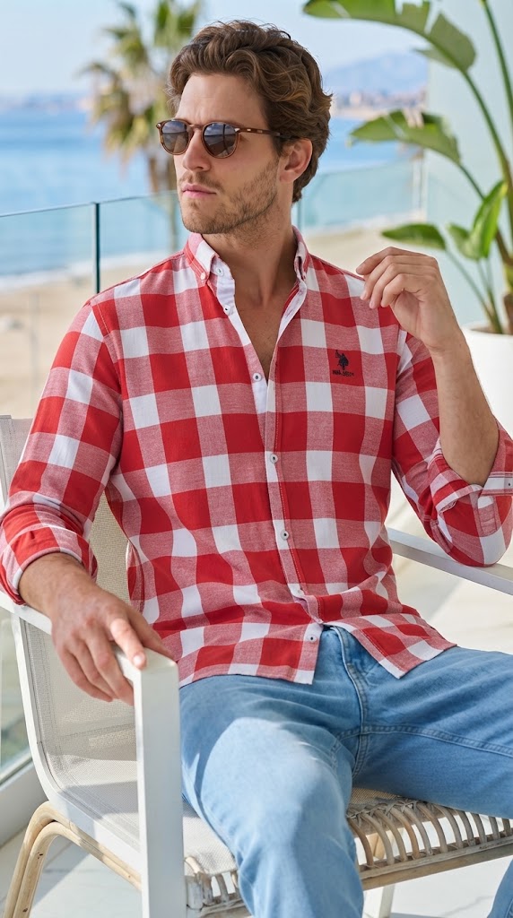 Mens Red White Check Imported Casual Shirt