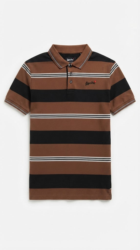 Mens Brown & Black Horizontal Striped Polo Shirt